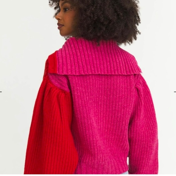 SOMETHING NAVY wool red pink color block cardigan sweater - Picture 3 of 10